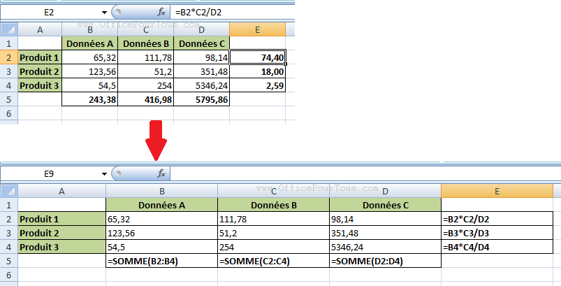 Exemple d'affichage des formules dans Excel