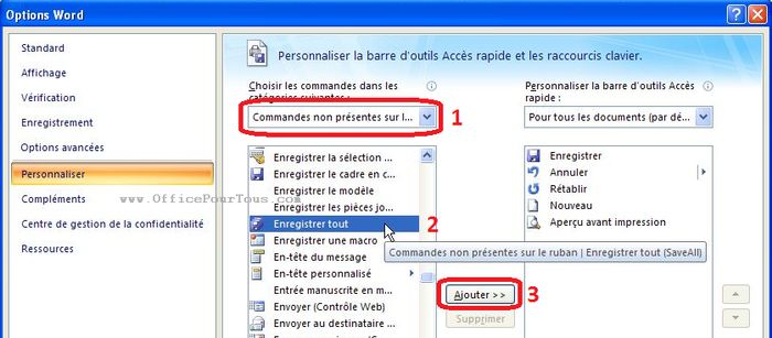 Ajouter un élément à la barre d'outils Accès rapide à partir de la fenêtre "Options" de MS Office 2007, 2010 et 2013