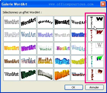 Boîte de dialogue Galerie WordArt - Word 2003