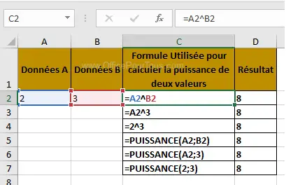 Calculer la puissance de deux nombres dans Excel