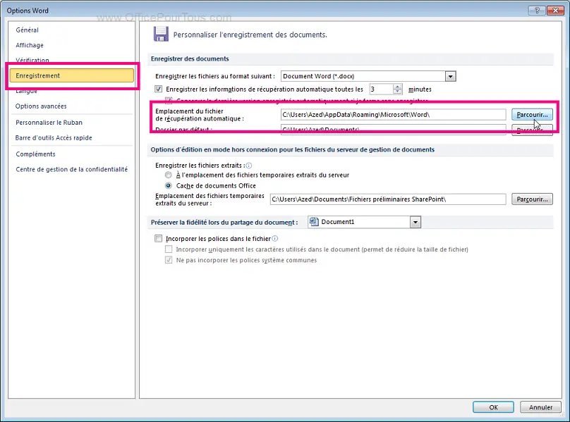 Chemin du dossier de récupération automatique - Word.