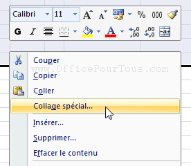 Option "Collage spécial" du bouton droit - Excel