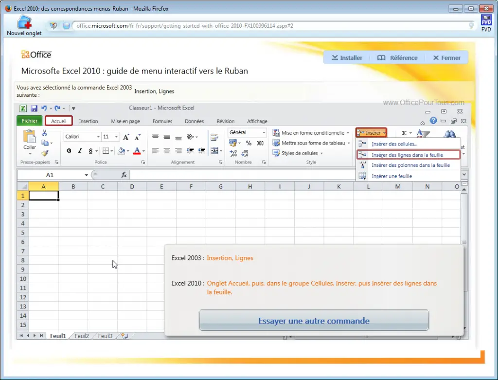 Correspondance animée menus Excel 2003-ruban 2010.