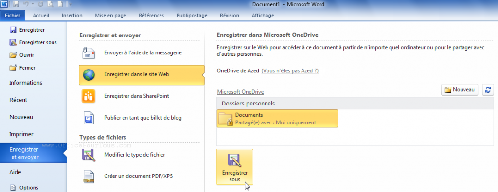 Enregistrer un fichier Office 2010 dans le cloud OneDrive - Etape 2