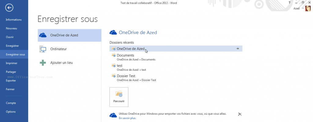 Enregistrer un fichier Office 2013 dans OneDrive