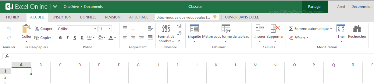 Interface de Excel Online