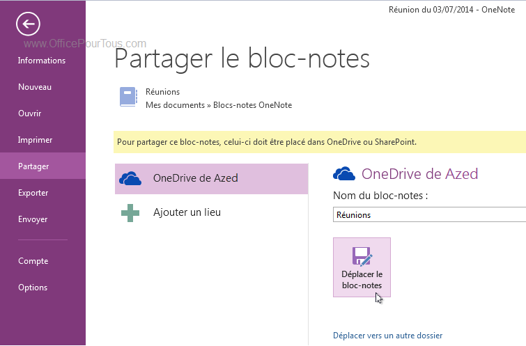 Enregistrer un fichier OneNote 2013 sur OneDrive - Etape 2