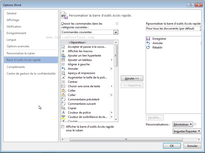 Personnaliser la barre d'outils Accès rapide - Office 2013