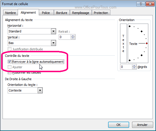 Renvoyer automatiquement à la ligne - Fenêtre Format de cellule - Excel 2007-2010-2013