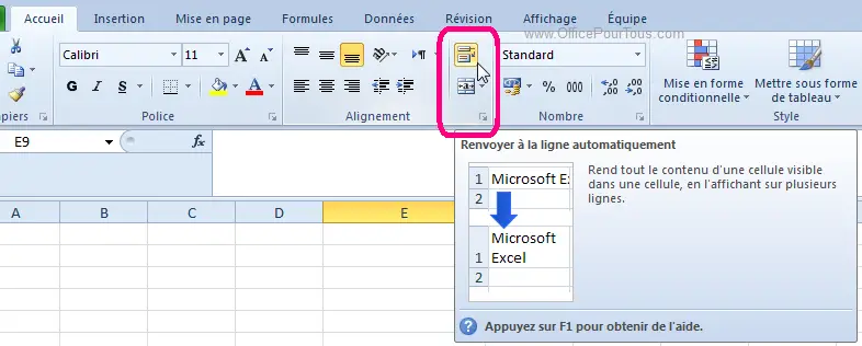 Renvoyer automatiquement à la ligne un texte dans cellule Excel.