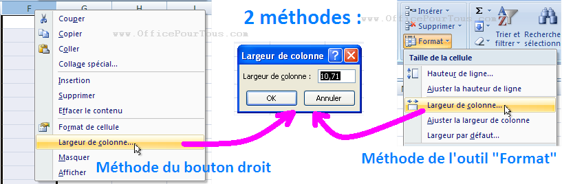 Changer par les menus, la largeur d'une colonne dans Excel