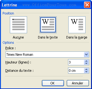 Boîte de dialogue "lettrine" - Word 2003
