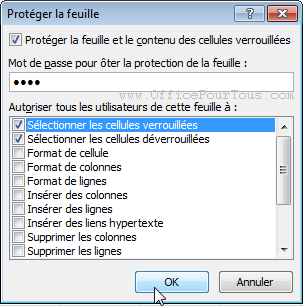 Boîte de dialogue Protéger la feuille - Excel