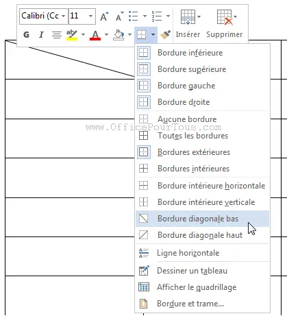 Bordure en diagonale - Mini-barre d'outils dans Word 2010 et ultérieures