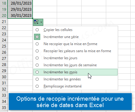 Bouton Options de recopie incrémentée pour une série de dates dans Excel