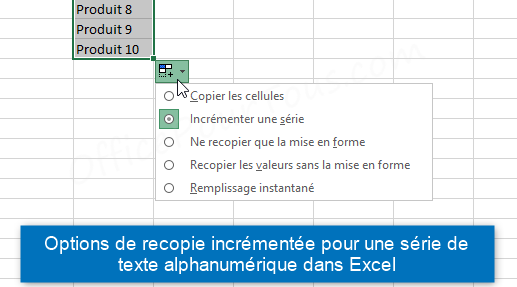 Bouton Options de recopie incrémentée pour un texte alphanumérique dans Excel