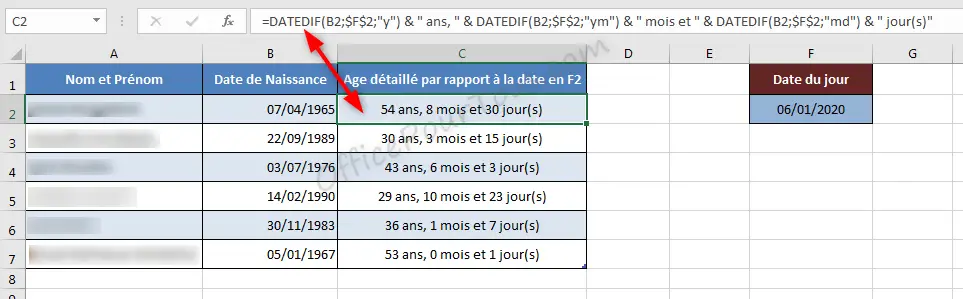 Calcul age entre deux dates dans Excel- fonction DATEDIF