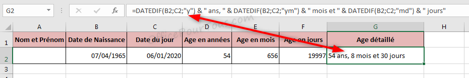 Calcul age entre deux dates Excel - Fonction DATEDIF