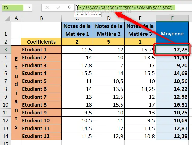 Calcul de moyenne avec coefficient dans Excel - formule manuelle