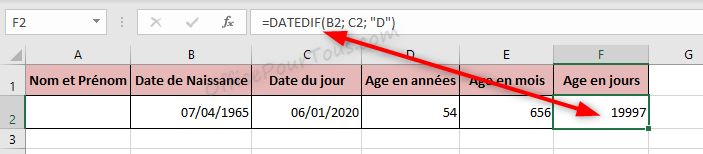 Calculer l'âge en jours avec fonction DATEDIF d'Excel