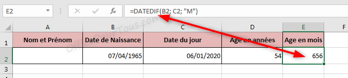 Calculer l'âge en mois entre deux dates - fonction DATEDIF- Excel