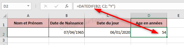 Calculer âge entre deux dates Excel - Fonction DATEDIF