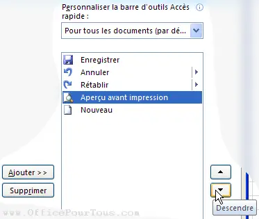 Changer la position d'une commande dans la barre d'outils Accès rapide