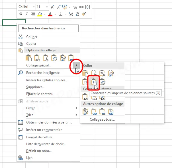 Conserver la largeur de la colonne source dans Excel