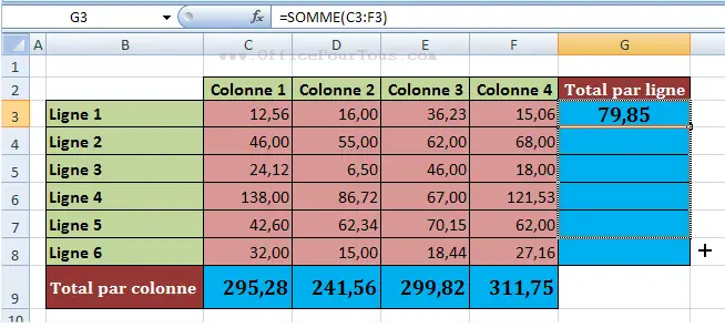 Copier une formule Excel sur une ligne ou colonne