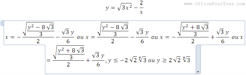 Equation résolue - Microsoft mathematics-word 2010-2007