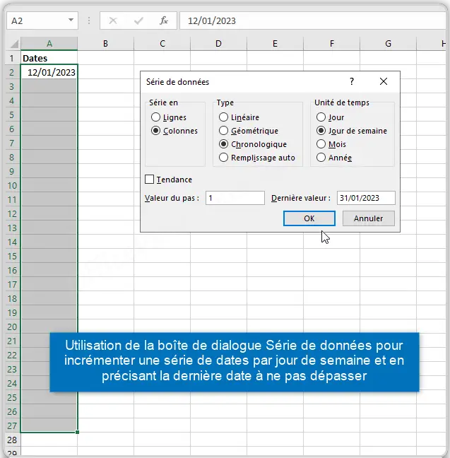 Incrémenter une série de dates dans Excel par la boite de dialogue Série de données