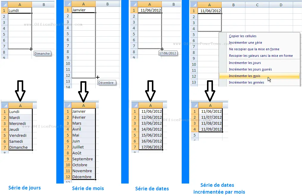 Incrémenter une série de dates, jours ou mois dans Excel avec un intervalle de 1