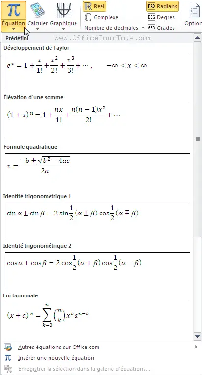 Insérer équation - Microsoft mathematics - word 2010-2007