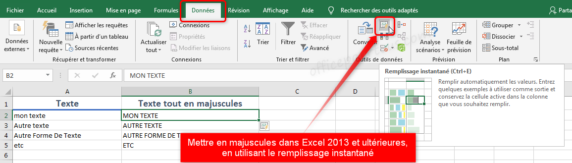 Mettre en majuscule dans Excel par remplissage instantané