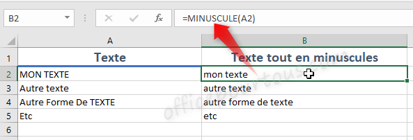 Mettre en minuscule dans Excel en utilisant la fonction MINUSCULE