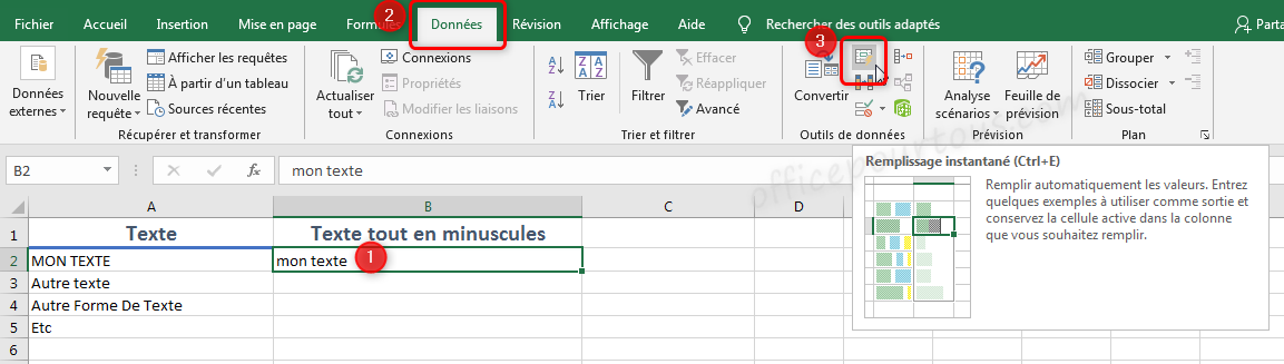Mettre en minuscules dans Excel par remplissage instantané