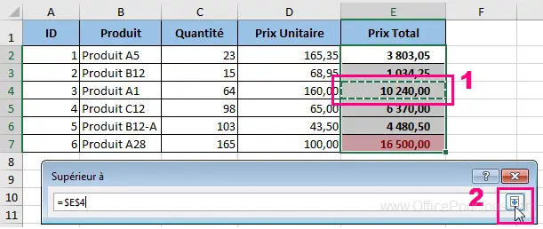 Mise en forme conditionnelle Excel - Supérieur à une valeur de cellule