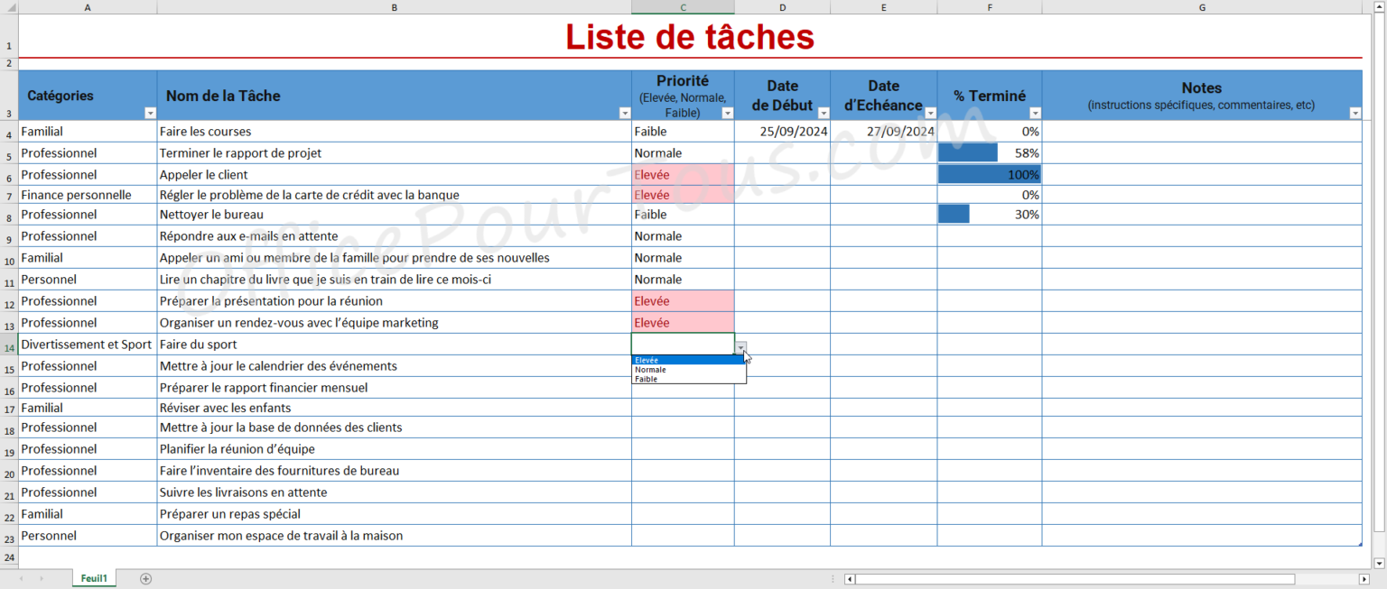 Modèle Excel Liste de tâches avec catégories et barres de données OfficePourTous