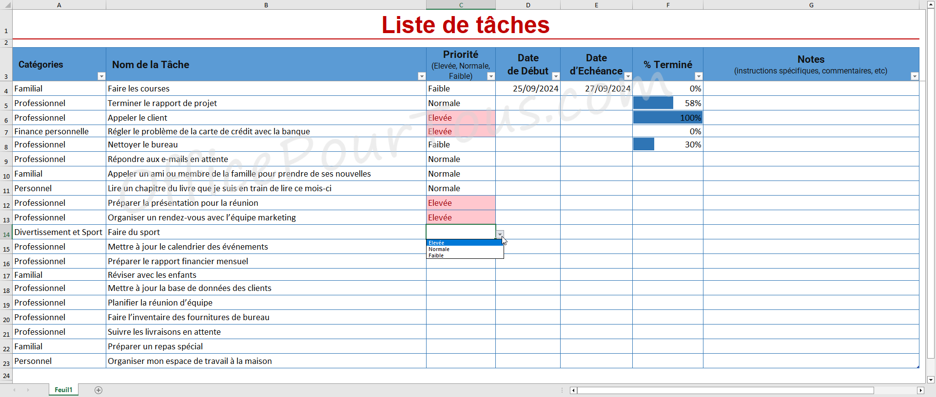 Modèle Excel Liste de tâches avec catégories et barres de données