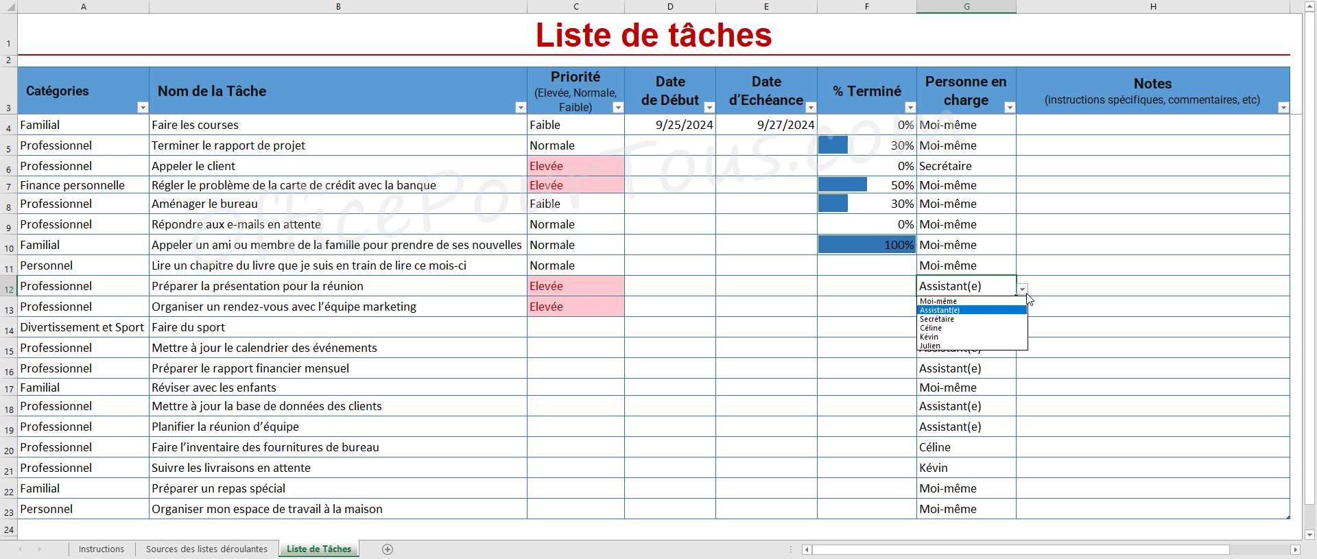 Modèle Excel "Liste de tâches avec catégories, barres de données et responsable"