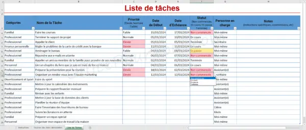 Modèle Excel "Liste de tâches" avec categories, menus déroulants et responsable