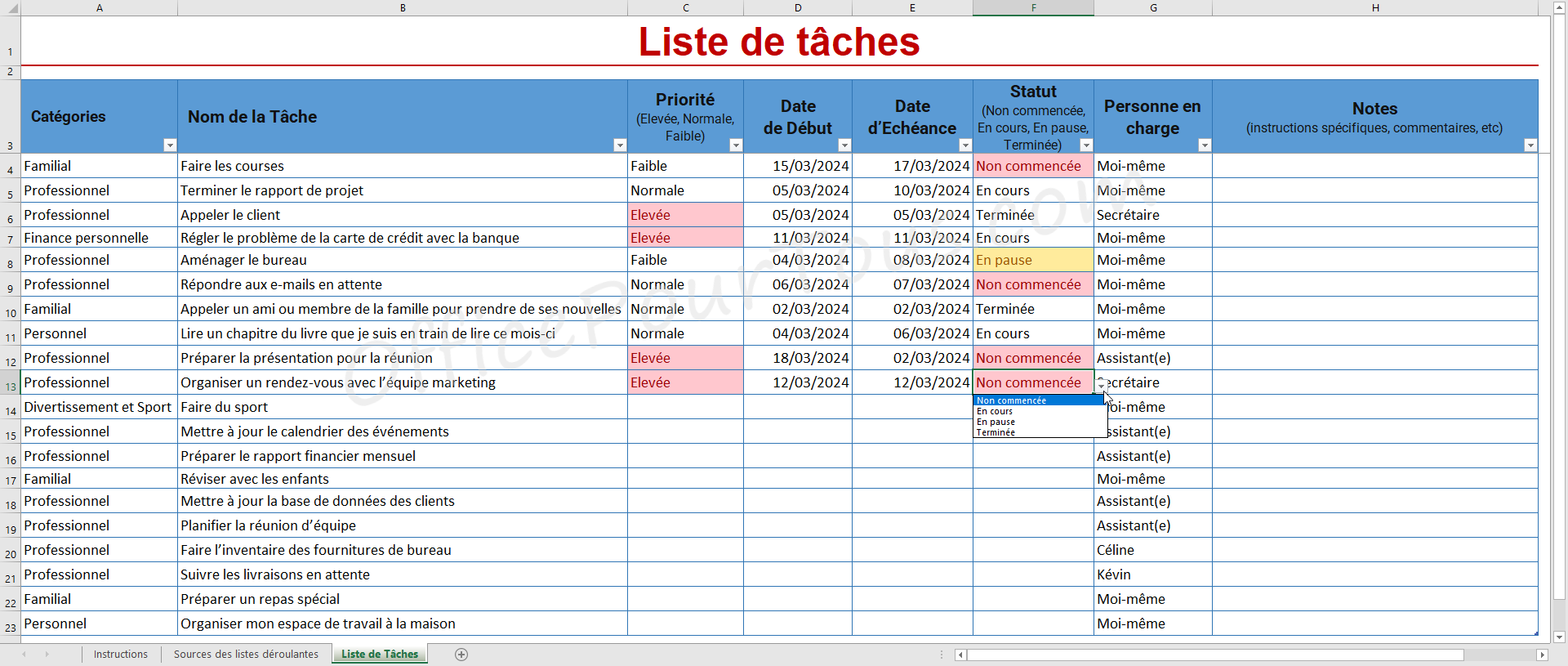 Modèle Excel "Liste de tâches" avec categories, menus déroulants et responsable