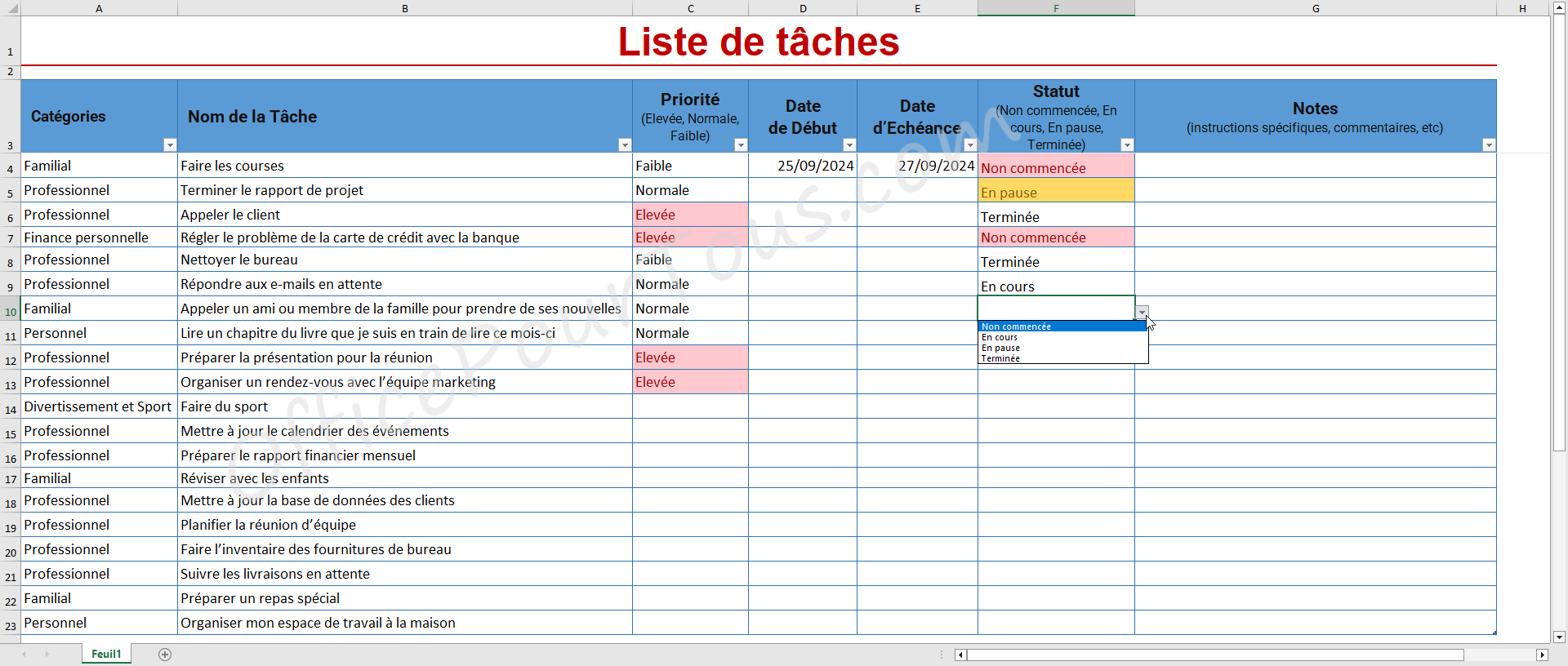 Modèle Excel "Liste de tâches avec catégories et statut en menu déroulant