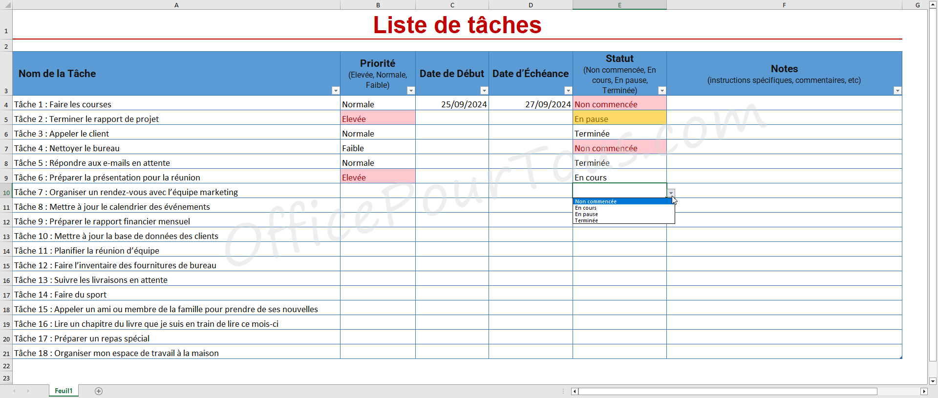 Modèle Excel : Liste de tâches (avec Statut en liste déroulante)