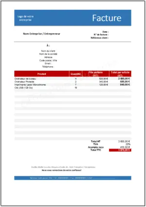 Modèle de facture Excel avec acompte et TVA - Style bleu et rouge foncé