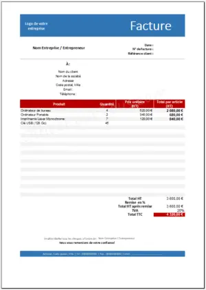 Modèle de facture Excel avec remise globale et TVA- Style bleu et rouge foncé