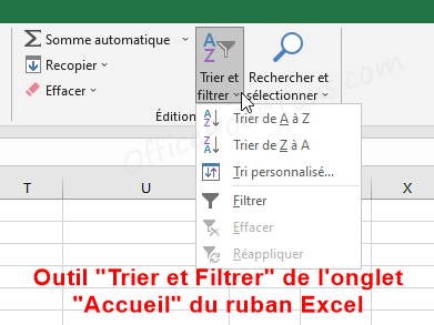 Outil Trier et Filtrer - onglet Accueil du ruban Excel