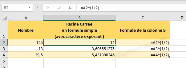 Racine carrée dans Excel en formule simple utilisant le caractère exposant 