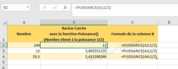 Racine carrée dans Excel en utilisant la fonction PUISSANCE()