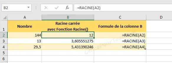 Racine carrée Excel en utilisant la fonction RACINE()